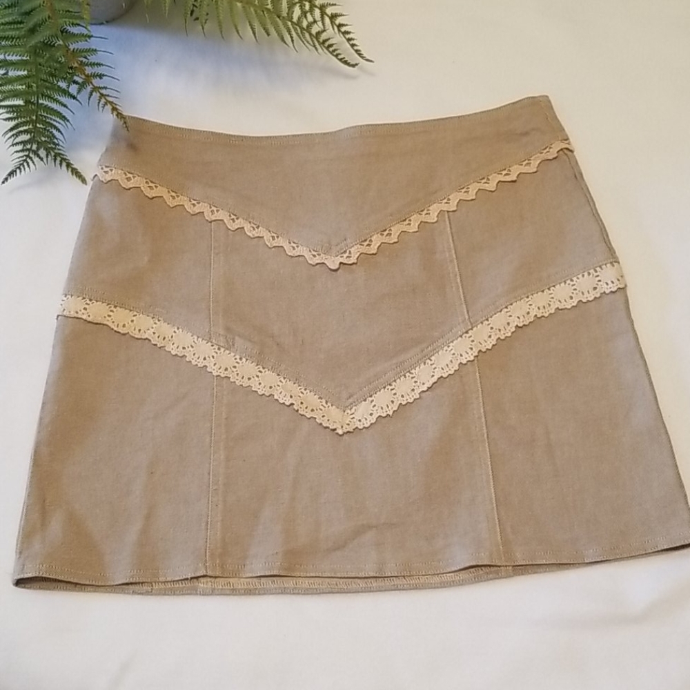 NANETTE LEPORE Cotton Denim Khaki Mini Skirt